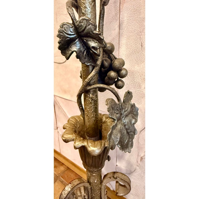 Vintage Sculptural Wrought Iron Two-Light Floor Lamp, Torchère With Grape Vine Entwined Column, Circa 1950s For Sale - Image 9 of 12