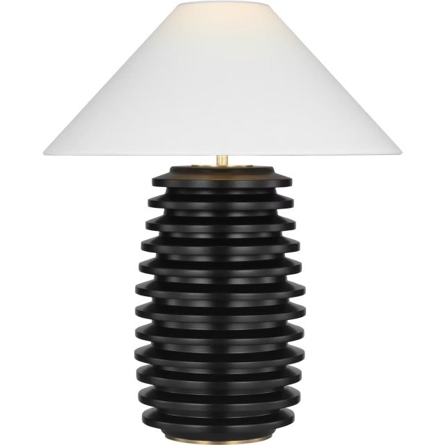 Modern Kelly Wearstler by Visual Comfort Signature Crenelle 27" Stacked Table Lamp in Ebonized Birch with Linen Shade For Sale - Image 3 of 3