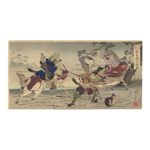 Antique Meiji Ukiyo-E Triptych: Samurai Battle at Shishinden by Nobukazu (1892)