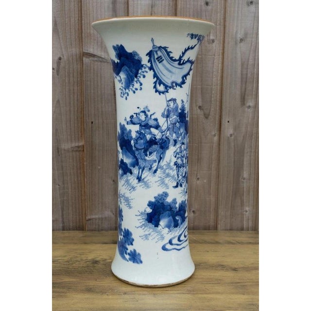 Chinese Blue and White Porcelain Sleeve Vase with Warriors and Military Procession For Sale - Image 6 of 18
