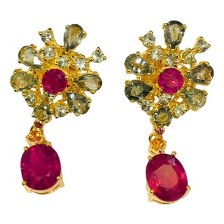 Bochic "Orient" Ruby & Green & Yellow Sapphire Earrings Set 18K Gold & Silver For Sale