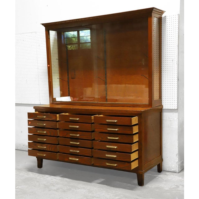 Mid-Century Modern Large Antique Pine Two-Piece Stationery / Apothecary Mercantile Display Store Cabinet For Sale - Image 3 of 6