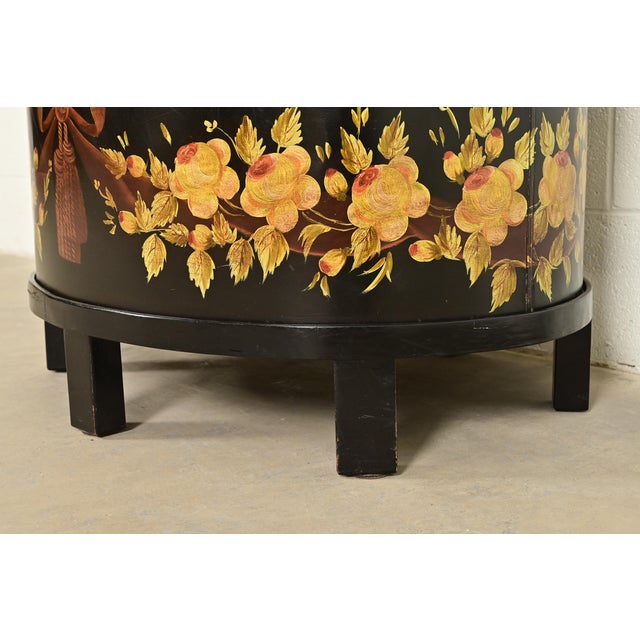 Maitland Smith Neoclassical Hand-Painted Black Lacquered Oval Toleware Box or Chest on Stand For Sale - Image 9 of 15