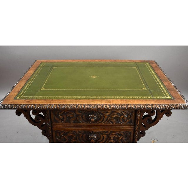Victorian Carved Oak Partners Writing Table, 1880 For Sale - Image 4 of 13
