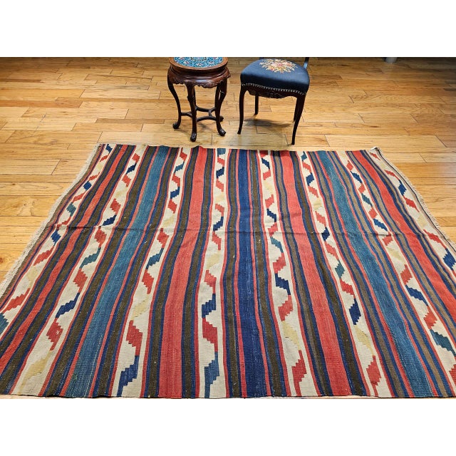 1900 - 1909 Vintage Caucasian Kilim Rug, Handwoven Wool, Geometric Stripes, Blue & Ivory, 6' x 8' For Sale - Image 5 of 8