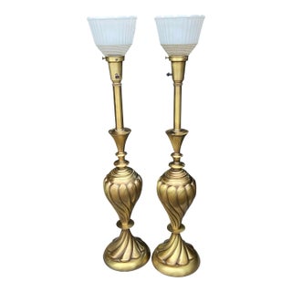 1950s Rembrandt Masterpiece Collection Brass Swirl Table Lamps Milk Glass Diffuser a Pair For Sale