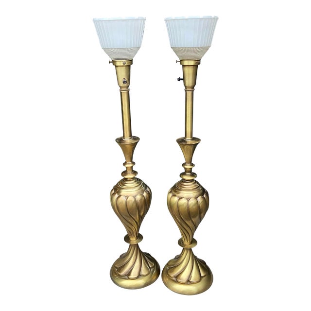 1950s Rembrandt Masterpiece Collection Brass Swirl Table Lamps Milk Glass Diffuser a Pair For Sale