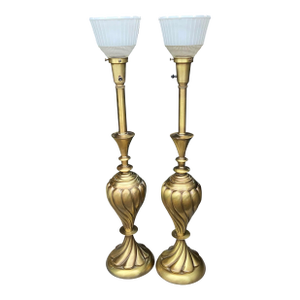 1950s Rembrandt Masterpiece Collection Brass Swirl Table Lamps Milk Glass Diffuser a Pair