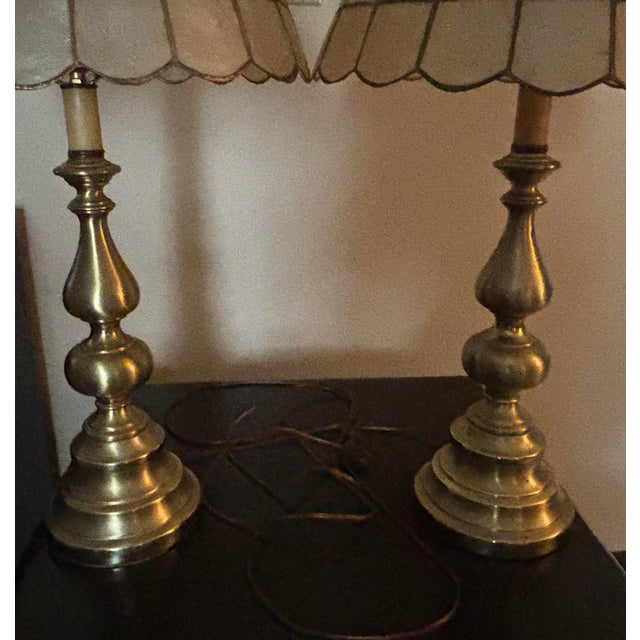 Vintage Brass Capiz Shell Lamp Set For Sale - Image 12 of 12