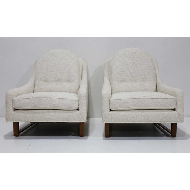 A beautiful set of two rare Harvey Probber lounge chairs newly upholstered in a high-quality fabric by Holly Hunt. A...