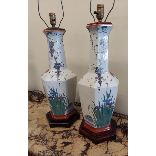 Ceramic Vintage Tall Porcelain Kutani Lamps - a Pair For Sale - Image 7 of 10