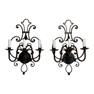 Italian Harp Shaped Iron Sconces in Blackened Rust - Set of 2 For Sale