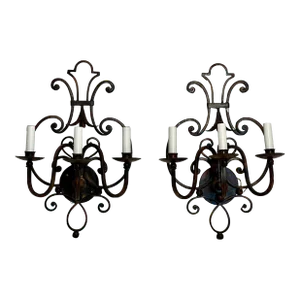 Italian Harp Shaped Iron Sconces in Blackened Rust - Set of 2