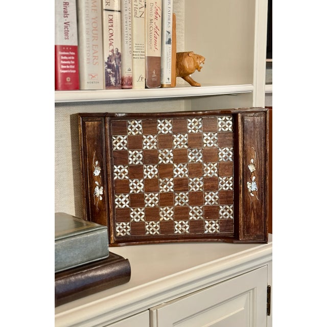 19th century Ottoman game board with luminous mother-of-pearl inlay and two sliding drawers. Fine craftsmanship,...