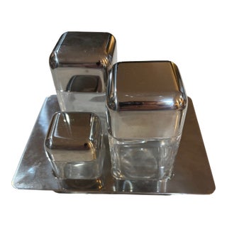 1970s Mid Century Modern Italian Musi Stainless Steel & Glass 4-Piece Condiment Set - 5ps For Sale