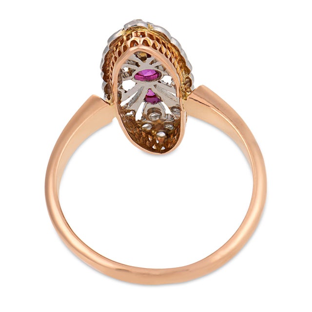 1910s French Belle Époque Ruby Diamond 18k Rose Gold Navette Ring, Size 7.25 For Sale In Los Angeles - Image 6 of 7