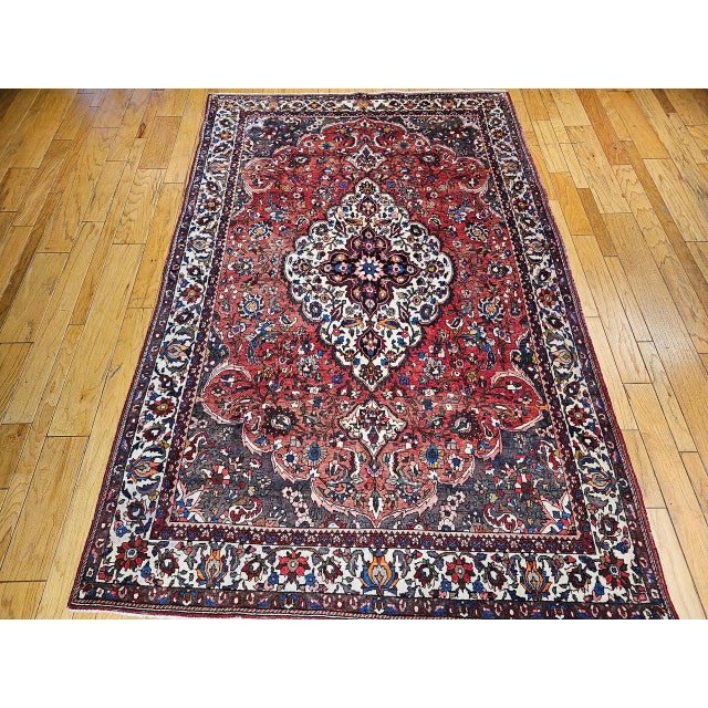 Textile Vintage Persian Bakhtiari Rug, Handwoven Wool, Medallion Floral Pattern, Brick Red & Ivory, 7x11 For Sale - Image 7 of 15