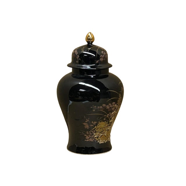 Asian Oriental Black Glaze Porcelain Temple Jar Golden Flower Graphic For Sale - Image 3 of 6