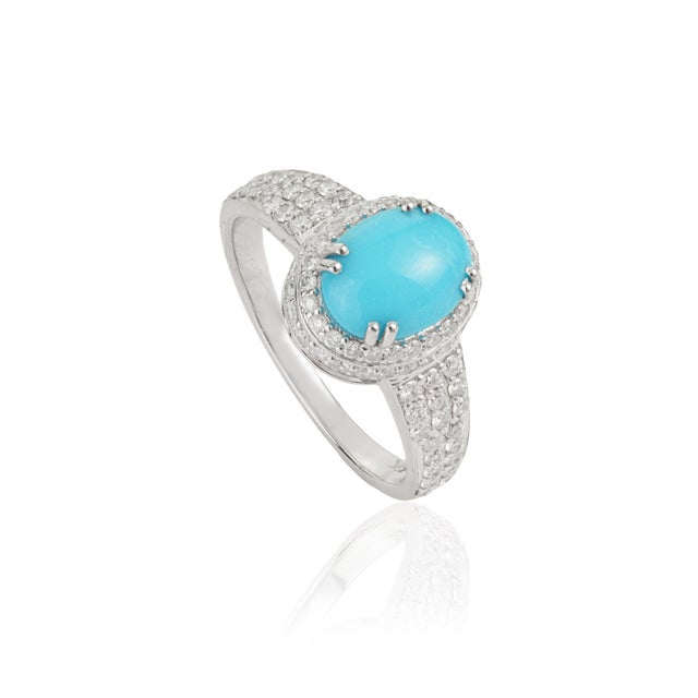 Statement 1.47 Carat Turquoise & Diamond Halo Cocktail Ring Size 4 in 14k White Gold For Sale - Image 4 of 16