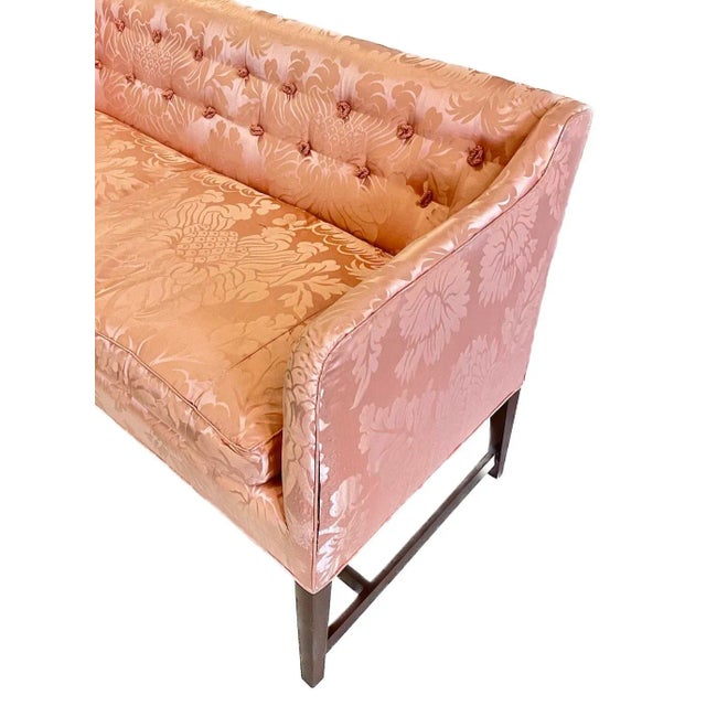 Traditional Vintage Peach Silk Damask Upholstered Sofa For Sale - Image 3 of 11