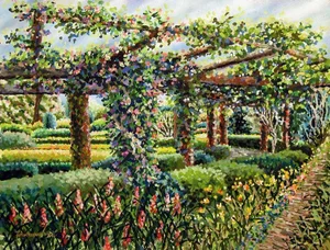 1976 Impressionist Style Garden Scene Gouache Painting by Joel M. Roman