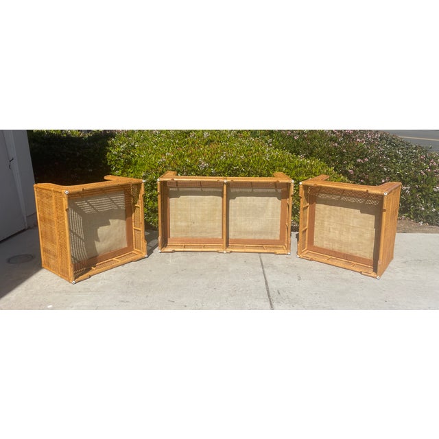 Camel Vintage Rattan Sofa & Lounge Chairs, New Perennials Upholstery For Sale - Image 8 of 9