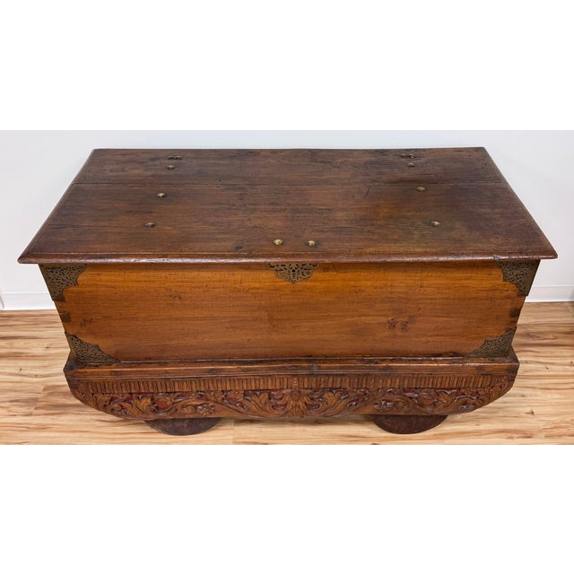 Absolutely stunning large handcrafted antique Chinese traveling dowry trunk on wheels. Large wood trunk with flat lid,...