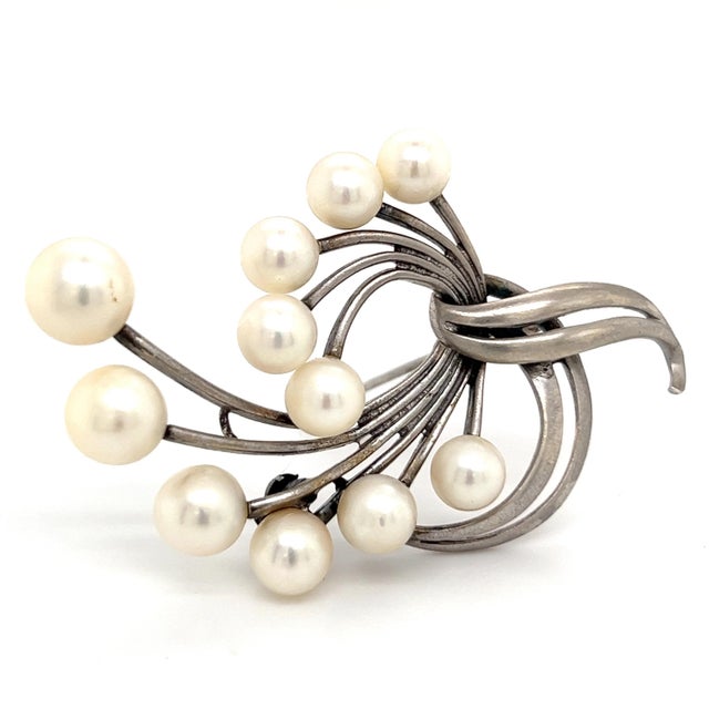 1990s Mikimoto Estate Akoya Pearl XL Spray Brooch Sterling Silver For Sale - Image 11 of 12