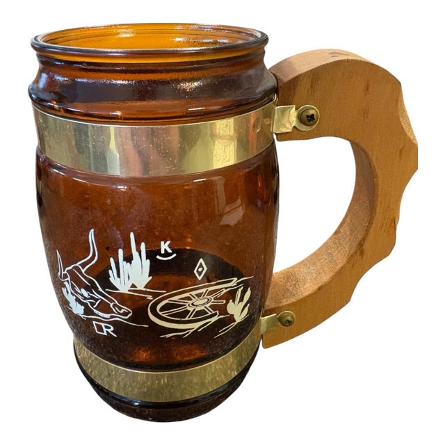 Wood Vintage Siesta Ware Amber Glass Western Barware Set With 6 Mugs & Wood Caddy For Sale - Image 7 of 12