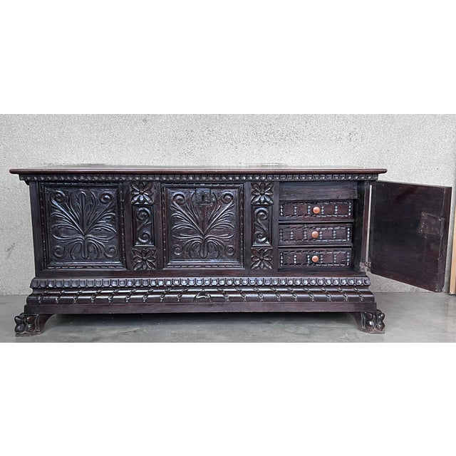 Black 19th Century Italian Carved Cassone Trunk With Original Hardware For Sale - Image 8 of 13