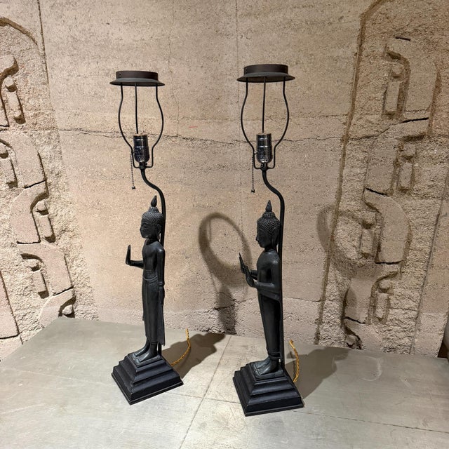 Antique Thai/Khmer-Style Bronze Standing Buddha Table Lamps Hollywood Regency For Sale - Image 10 of 18