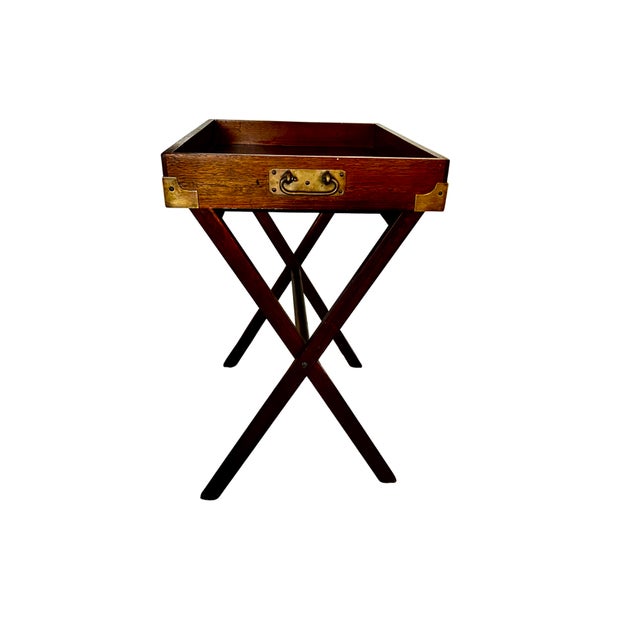 Baker Furniture Company Vintage Campaign-Style Butler’s Tray Table – Mahogany Folding X-Frame With Brass Hardware, Removable Serving Tray For Sale - Image 4 of 12