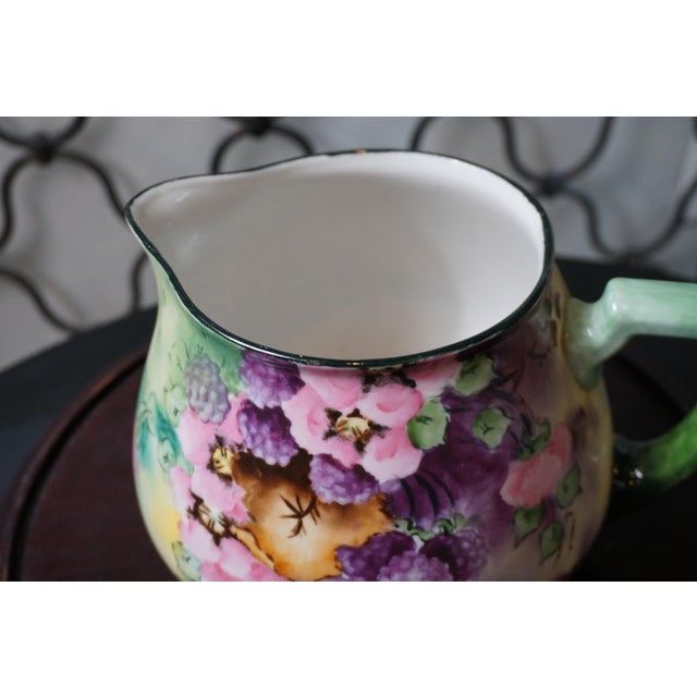 Limoges, France Antique William Guérin & Co. Limoges Hand-Painted Blackberry & Blossom Porcelain Pitcher, France, C. 1900–1910 For Sale - Image 4 of 8