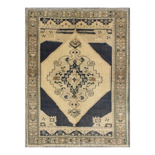 Vintage Turkish Oushak Rug With Deep Navy, Camel, and Soft Sage Accents For Sale