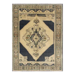 Vintage Turkish Oushak Rug With Deep Navy, Camel, and Soft Sage Accents