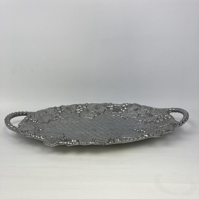 Lenox Fruit Weave Serving Platter Handle Tray 22" Grape Leaf Metal Silver Basket For Sale In Buffalo - Image 6 of 7