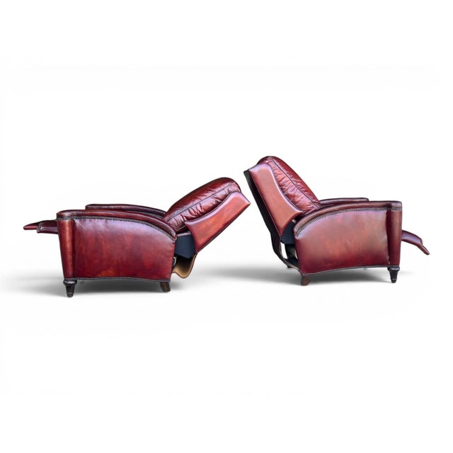Pair of Vintage English Wingback Recliners in Burgundy Oxblood Leather For Sale - Image 9 of 16