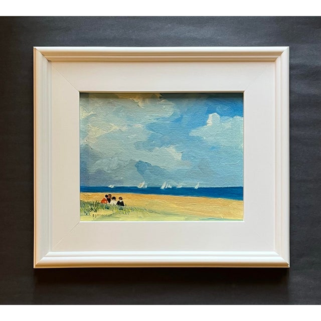 Figurative Oil Painting of Children in Conversation at the Seaside Overlooking a Regatta in the Distance. For Sale - Image 3 of 3