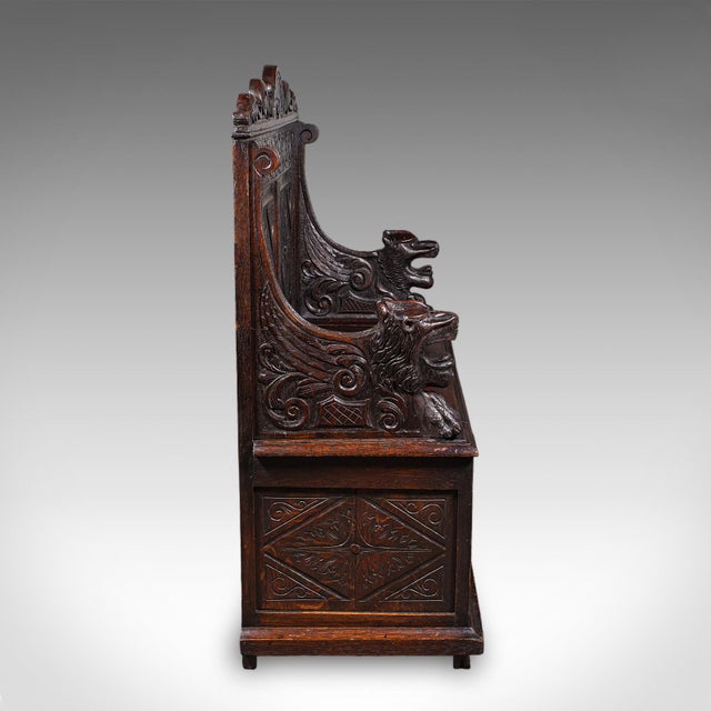 Antique Baronial Settle, Scottish, Carved Oak, Reception Hall Bench, Victorian For Sale - Image 4 of 12