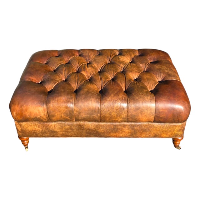 Mid 20th Century Lee Industries Tufted Leather Ottoman on Casters For Sale