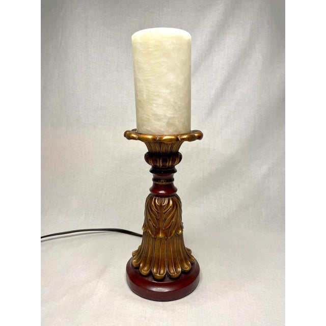 Victorian Vintage English Traditional Alabaster Small Table Lamp, Maroon and Gold For Sale - Image 3 of 13