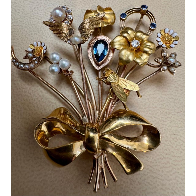 Bug on A Flower Bouquet Pearl Diamond Brooch /Pin 14 Kt Yellow Gold 17.5 Gm For Sale - Image 18 of 18