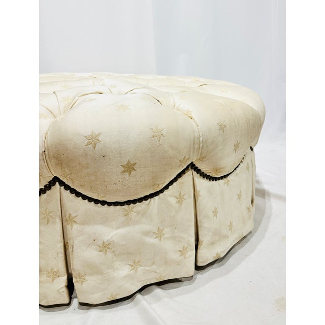 Henredon Vintage Silk Tufted Button Top Circular Ottoman For Sale - Image 4 of 5