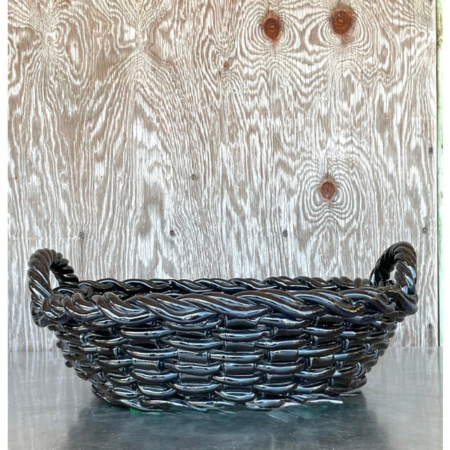 Vintage Boho Monumental Glazed Ceramic. Lattice Bowl For Sale - Image 4 of 10