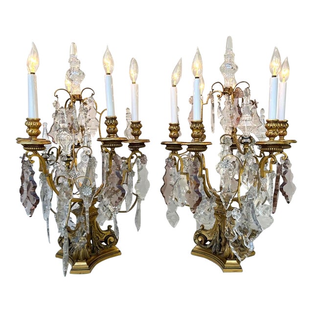 19th Century E. F. Caldwell Gilt Bronze & Baccarat Crystal Girandole Table Lamps - a Pair For Sale