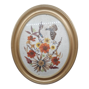 Vintage Dried Flower and Butterfly Wall Art Gold Oval Frame 11" X 10.5