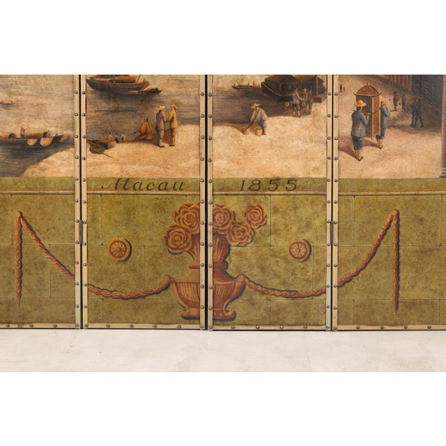 Chinese Vintage Four-Panel Painted Screen Depicting Macau Harbor, 1855 For Sale - Image 3 of 17