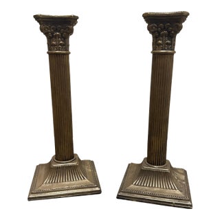 Pair of Neoclassical Corinthian Column Brass Candlesticks For Sale