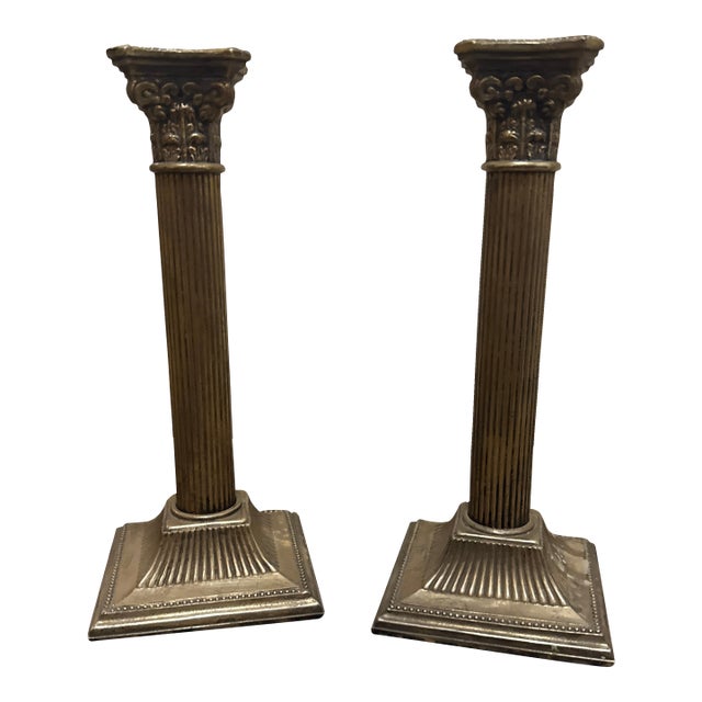Pair of Neoclassical Corinthian Column Brass Candlesticks For Sale