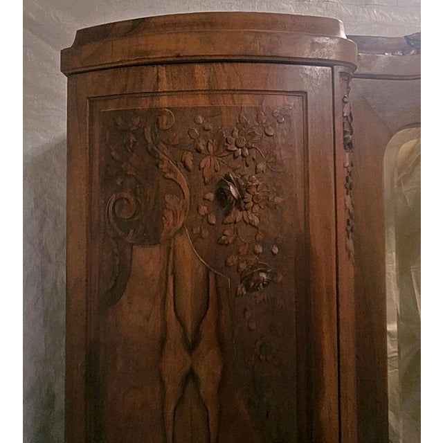 1920s Antique French Burl Walnut Armoire Wardrobe Mirror Carved Cabinet Circas 1920s For Sale - Image 5 of 18